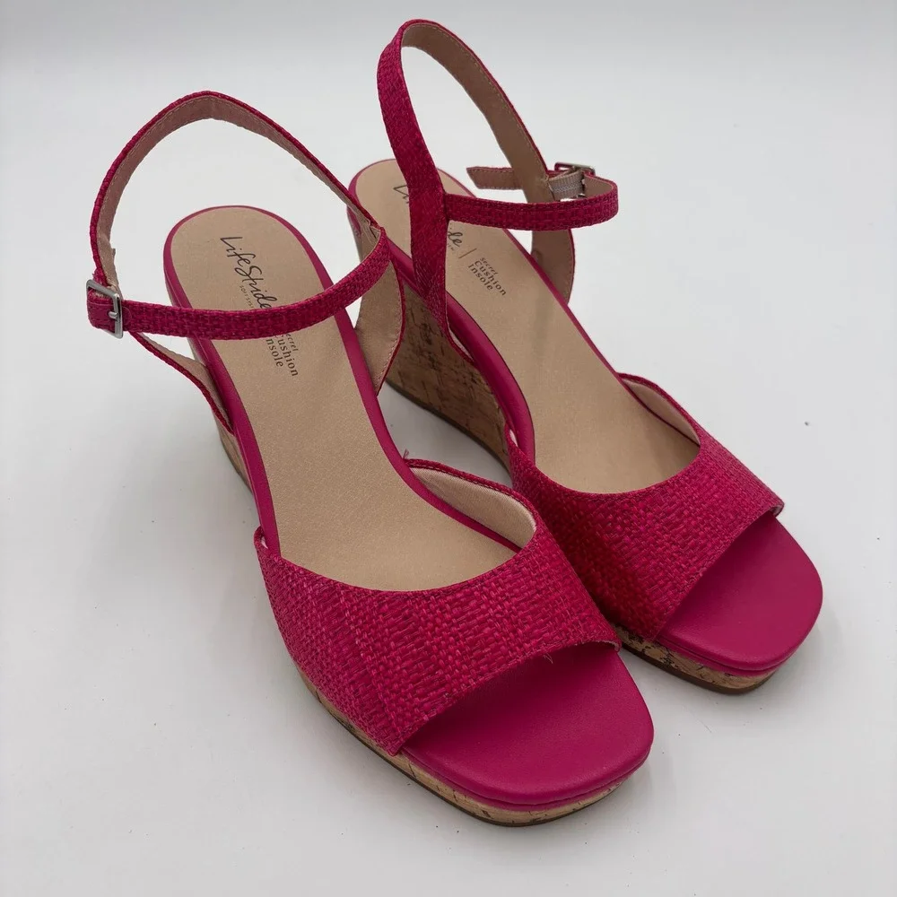 LifeStride Wedge Sandals Womens 8.5 Magenta Pink Woven Cork Heel Strappy